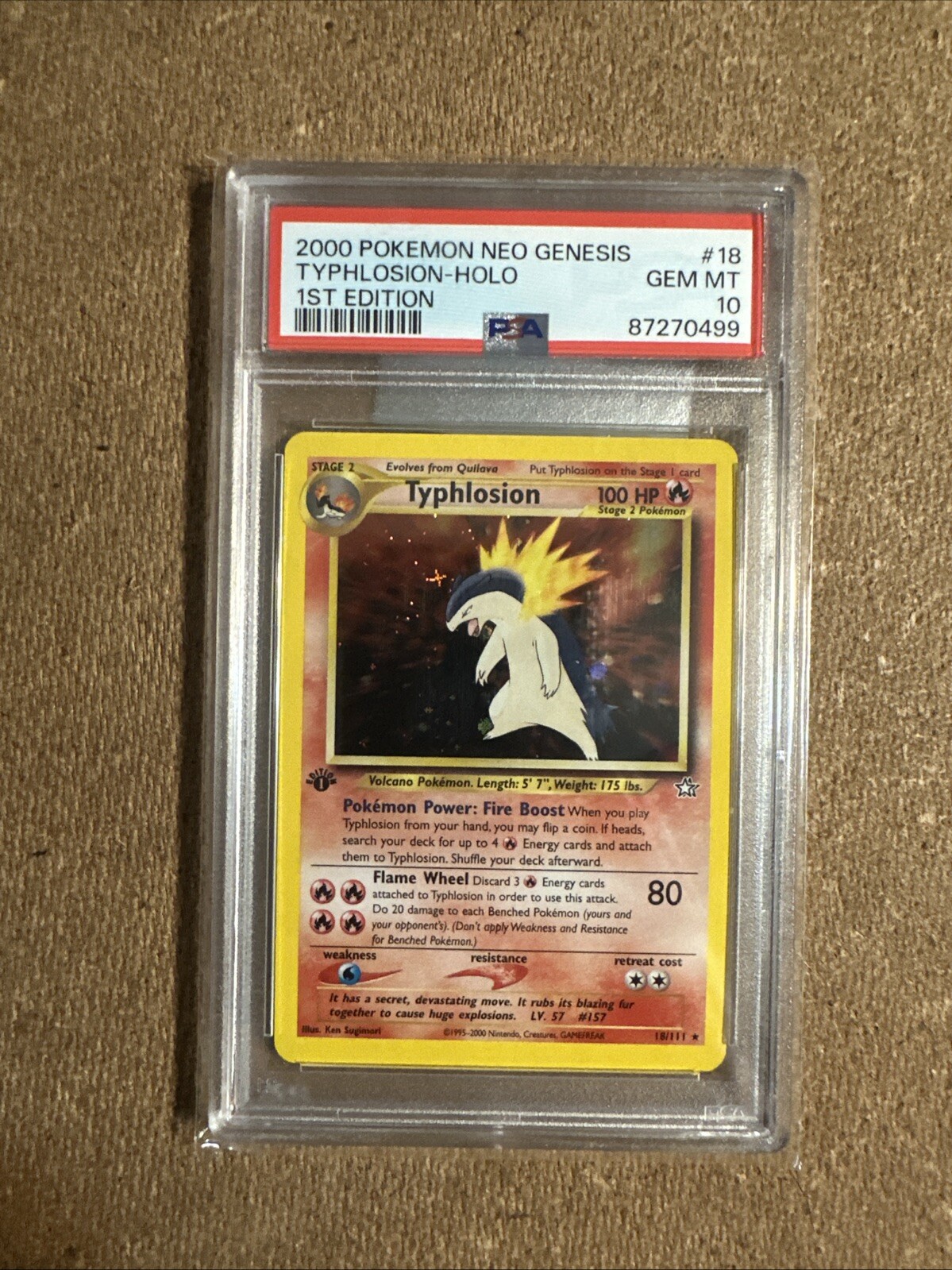 2000 Pokemon Neo Genesis #18 Typhlosion-Holo 1st Edition graded PSA 10 in a slab (representative copy)