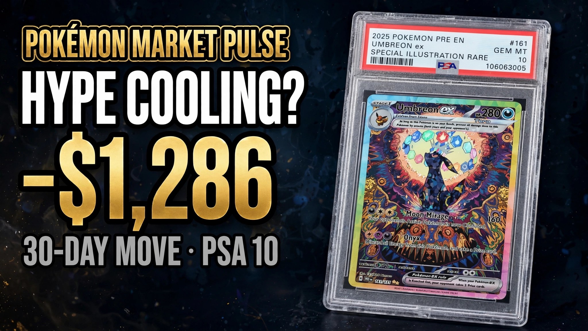 Pok&eacute;mon Market Pulse thumbnail: HYPE COOLING? -$1,286 30-DAY MOVE PSA 10, beside a PSA 10 Umbreon ex #161 special illustration rare in slab
