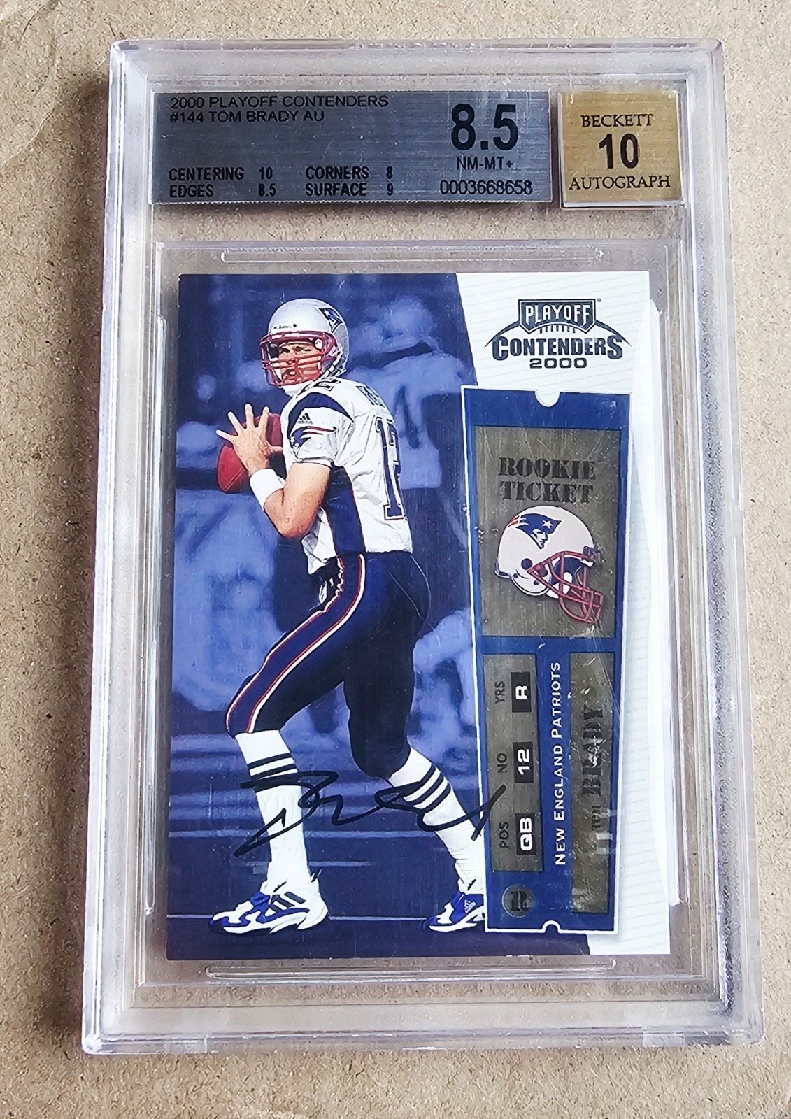 2000 Playoff Contenders Championship Ticket Auto Tom Brady, BGS 8.5 with 10 autograph